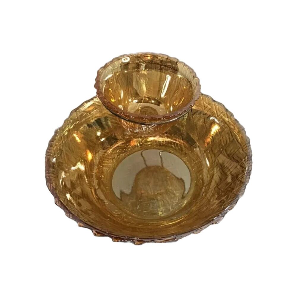 Carnival Glass Iridescent Dip Set Ruffled Edges Basket, Weave Design Vintage - Picture 2 of 8